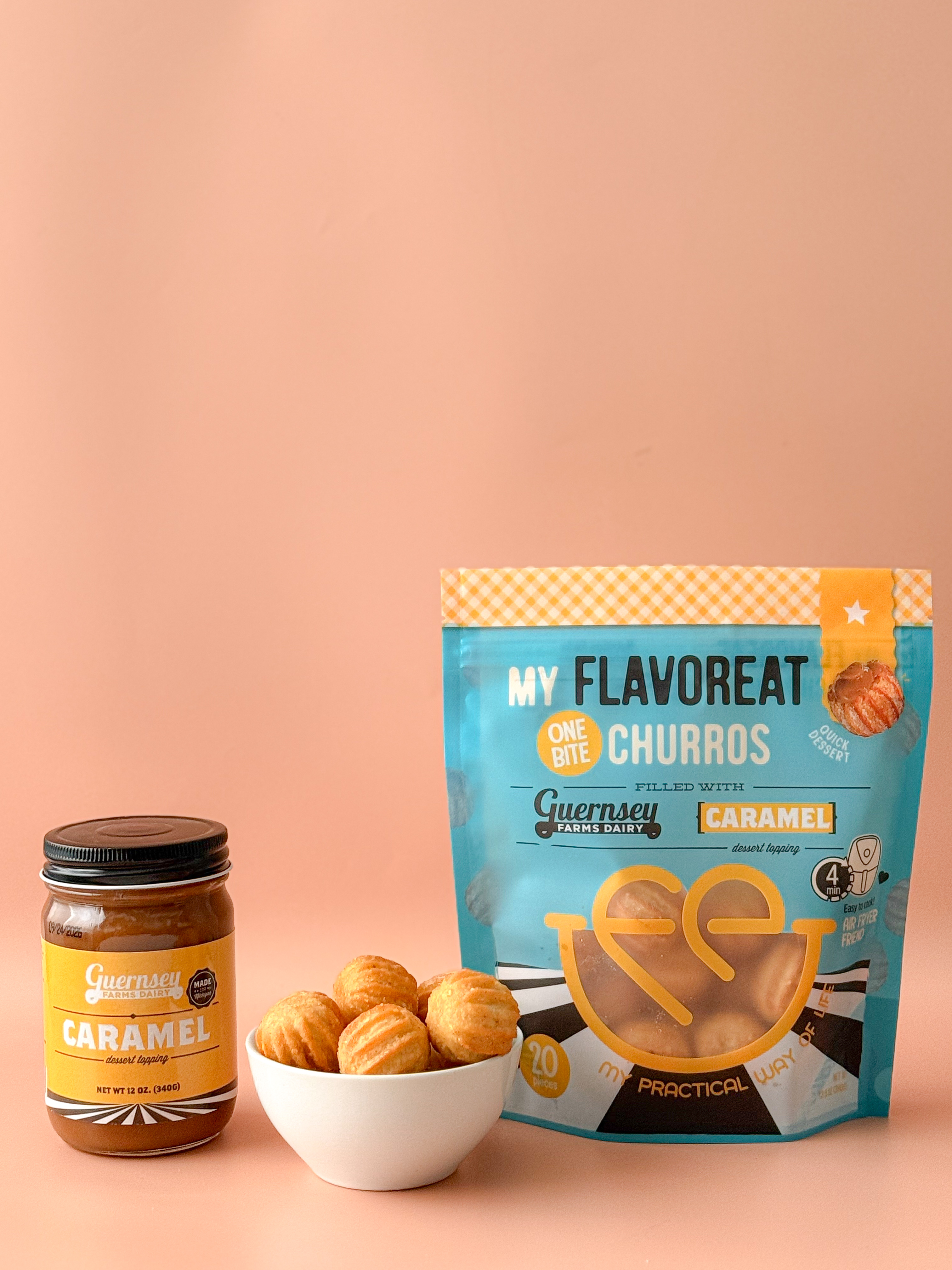 1 Bite Mini Churros with Caramel with its packaging and serving suggestion