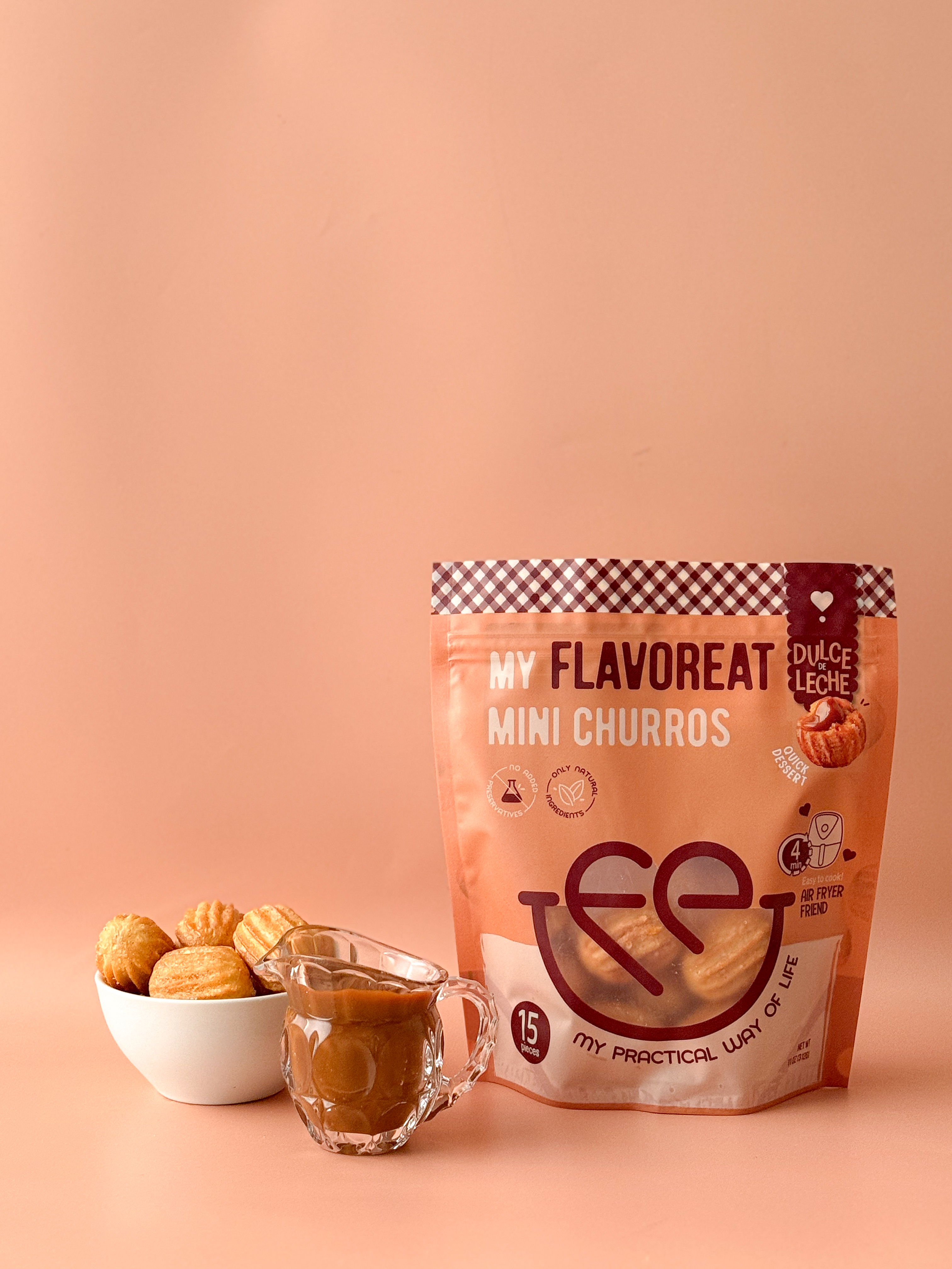 Mini Churros with Dulce de Leche with its packaging and serving suggestion